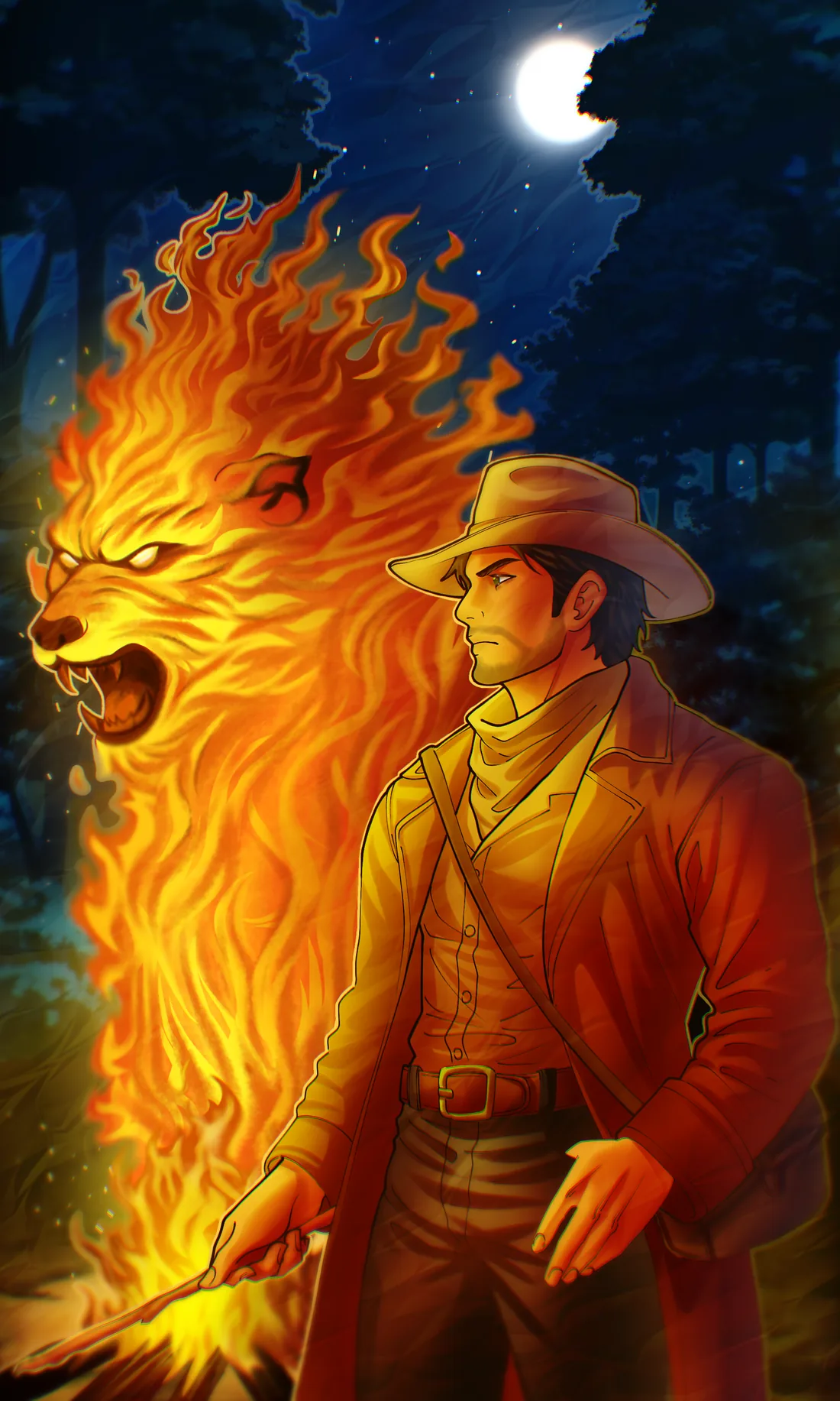 A traveler in a wide-brimmed hat holding a torch beside Lone Bear Sky, a roaring bear made of flame, under a full moon