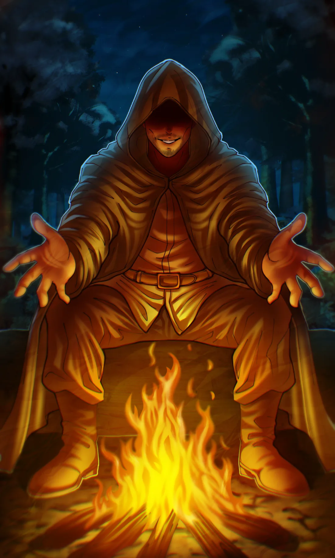 A hooded storyteller sitting behind a campfire with open hands